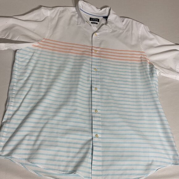 Chaps Mens White Button-Down Shirt With Orange & Blue Stripes XXL Easy Care Cott - Picture 1 of 6
